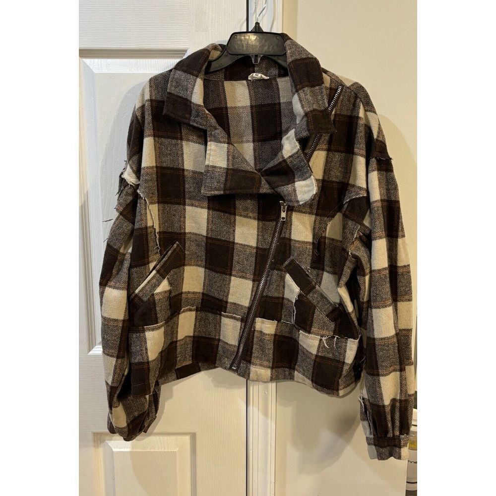 Poll Shacket Jacket Women's Sz M Brown Plaid Full Zip Pockets Boutique